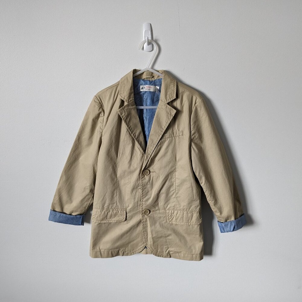 H&M - Khaki Blazer w/ Blue & White Striped Lining - Size 7 - 8